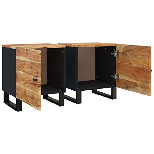 Bedside Cabinet Set of 2, Industrial Nightstand with Solid Acacia Wood Top and Matte Black Metal Frame, Modern End Table for Bedroom Storage, 18.1 Inch Height - size: Medium