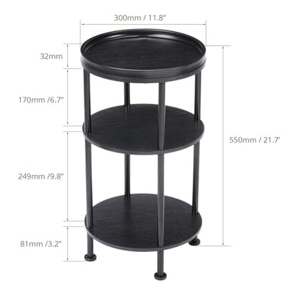 Small Round Side Table with Tray Top, 11.8" Narrow End Table, Black | 3-Tier Small Round End Table for Living Room & Bedroom, Modern Nightstand with Storage Shelf, Accent Table for Small Spaces - color: Black, style: Classic