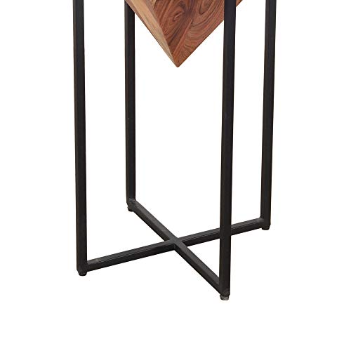 The Urban Port 26 Inch Pyramid Shape Wooden Side Table | Brown Finish, Cross Black Metal Base, Modern Accent End Table, For Living Room, Bedroom, Entryway, Lounge, Home Decor Display - size: 26-Inch