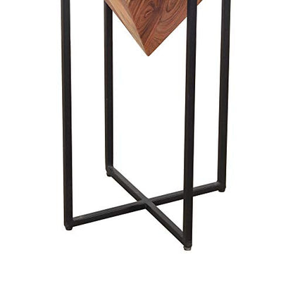 The Urban Port 26 Inch Pyramid Shape Wooden Side Table | Brown Finish, Cross Black Metal Base, Modern Accent End Table, For Living Room, Bedroom, Entryway, Lounge, Home Decor Display - size: 26-Inch