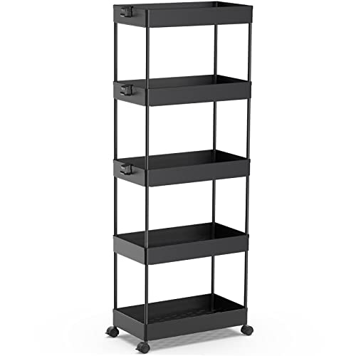SPACEKEEPER 5-Tier Rolling Cart, Bathroom Storage Organizer Utility Cart, Mobile Shelving Unit Slide Out Shelves for Kitchen Living Room Laundry Room & Dressers, Black - color: Black, size: 5 Tier