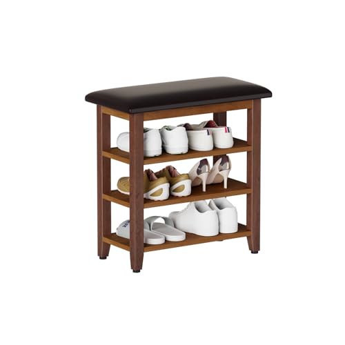 Shoe Bench with Leather Cushion,Rubberwood Bench with Shoe Rack | 3-Tier Shoe Storage Organizer for Entryway,Hallway,Living Room - size: 3-Tier-23.6"