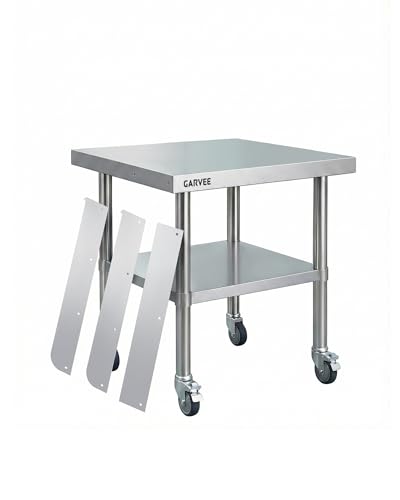 Garvee Stainless Steel Work Table, 24x36x26 Inch Commercial Food Prep Worktable with Wheels, Detachable 3-Sided Backsplash & Height-Adjustable Shelf, Heavy Duty Workbench for Kitchen Restaurant Garage