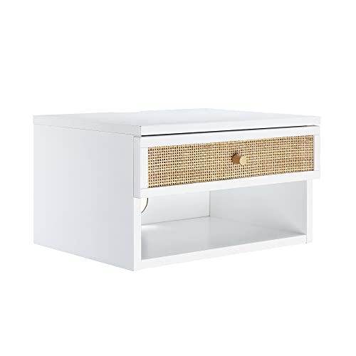 Nathan James Jackson Wall Mounted Rattan Floating Bedroom Nightstand with Storage Drawer and Modern Open Shelf Cubby, White/Rattan - color: White/Rattan, size: 1
