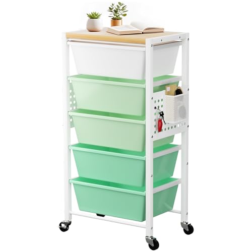 Rolling Cart with 5 Drawers, Plastic Drawer Storage Carts with Wheels & Wooden Tabletop, Metal Utility Cart with Pegboards, Office Living Room Classroom Craft Organization and Storage, Bright Green - color: Bright Green, size: 5-drawer
