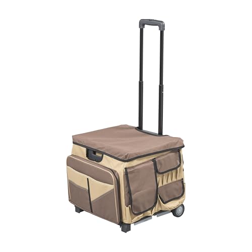 Folding Mobile Utility Cart, Canvas Organizer Bag, Chocolate/Sand | Durable plastic, 30 compartments, adjustable handle, 40 lb capacity, collapses to 3" thick, rolling wheels for easy transport - color: Chocolate/Sand