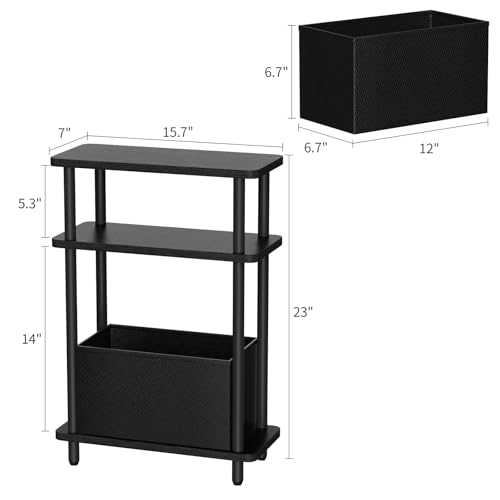 THUMEYE Narrow Side Table with Fabric Basket, 7" Wide, 3 Tier Skinny End Table with Wood Legs, Slim Nightstand/Bedside Table for Small Spaces, with Adjustable Feet, 15.7" L x 23" H - color: Black, size: 3-Tier