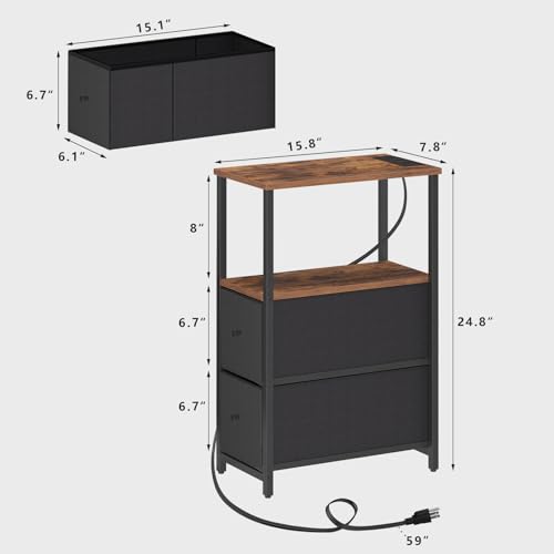 TUTOTAK Small Narrow LED End Table with Charging Station, Side Table Outlets, Nightstand with 2 Cloth Drawers, Set of 2, Couch Table, for Living Room, Bedroom, Bedside, Brown and Black TB01BB056K - color: Brown and Black, style: 2 Drawers with Plug & Ligh
