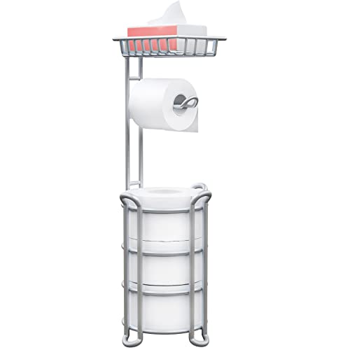 Toilet Paper Holder Stand with Shelf for Phone, Free Standing Tissue Roll Storage and Dispenser Rack for 4 Mega Rolls, Silver Gray - color: Silver Gray
