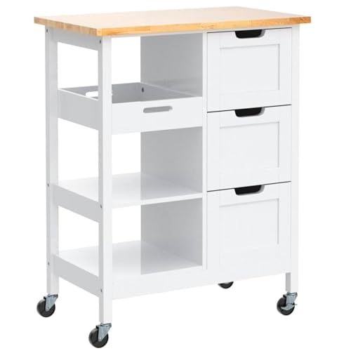 YITAHOME Small Solid Wood Top Kitchen Island Cart on Wheels with Storage, Rolling Portable Dining Room Serving Utility Carts Mobile Movable with 3 Drawers Cabinet, Oak & White - style: 26.7"W White