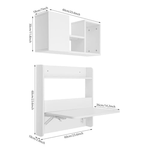 Wall Mounted Bookshelf with Moveable Cabinets, Multifunctional Folding Floating Desk, Fold Down Laptop Table with Storage Shelves for Bedroom Study Room Space Saving Small Space Garage (White) - color: White