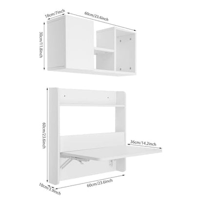 Wall Mounted Bookshelf with Moveable Cabinets, Multifunctional Folding Floating Desk, Fold Down Laptop Table with Storage Shelves for Bedroom Study Room Space Saving Small Space Garage (White) - color: White