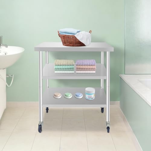 30x30x35in 3-Tier Stainless Steel Work Table with Casters & Foot Pads, Adjustable Shelves, 580 lbs Load Capacity, Space-Saving Utility Cart for Kitchen, Garage, Restaurant, Commercial & Home Use - size: 30 X 30 X 35 Inches