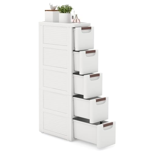 LOKO 5-Drawer Narrow Storage Cabinet, Slim Rolling Cart (7.5"x16.5"x36") | Mobile Plastic Cart Container | Pull Handles & Built-in Wheels | For Living Room, Kitchen, Bathroom, Office - size: 7.5"x16.5"x36" (5 Drawer)