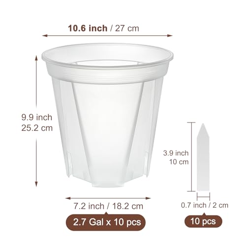 10.6 Inch Large Clear Nursery Pots with Drainage Holes, 2.7 Gal 10 Pack Transparent Plastic Plant Pots, Ideal for Orchids, Seedlings, Repotting & Observing Root Growth & Soil Moisture - size: 10 inch