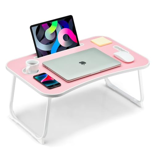 Foldable Lap Desk, Laptop Bed Desk, Portable Lap Table, Laptop Bed Table with Cup Holder & Tablet Slot & Lifting Handle for Working Writing Drawing & Eating - Baby Pink - color: Baby Pink