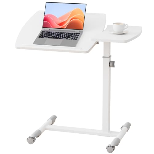 GTPLAYER Small Standing Desk, 28 Inches Tiltable Mobile Rolling Laptop PC Table with Lockable Casters, Adjustable Height Overbed Bedside Table Computer Workstation for Home Office, White-Tiltable - color: White-tiltable