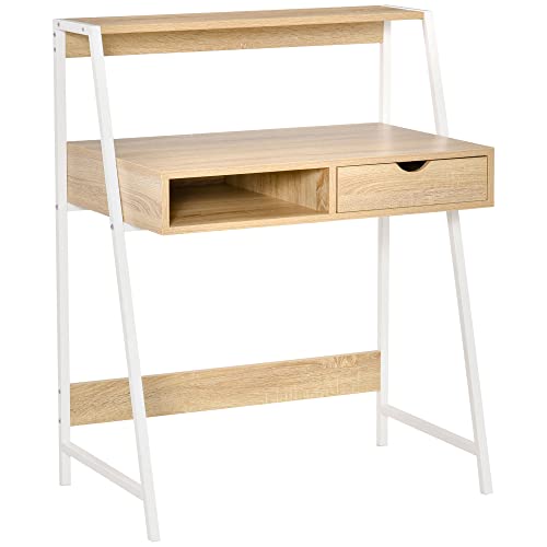 HOMCOM Home Office Desk with A Frame for Small Spaces, Natural | Computer Desk, Writing Table, with Drawer, Storage Shelves - color: Natural