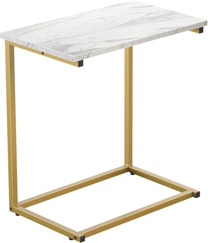 Pipishell C Shaped End Table 27 inches High, Side Table with Modern Marbling Wood Table Top for Couch Slide Under, C Table Sofa Side End Table for Living Room - color: White