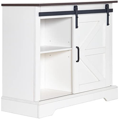 HOMFAMILIA 31.5" H Farmhouse Coffee Bar Cabinet w/Storage, White Kitchen Coffee Station with Sliding Barn Door, Rustic Buffet Cabinet with Adjustable Shelves, for Kitchen, Living Room, White - color: White