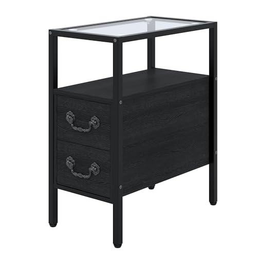 VECELO Narrow Side Table, Night Stand Sofa Table with Glass Top,Bedside End Tables with Storage Drawers,Wood Nightstand for Small Spaces Living Room Bedroom,Black - color: Classic Black, size: 1 pack