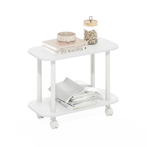 Furinno Turn-N-Tube Book Cart, 2-Tier Oval Sofa Side Table with Wheels, Round Corner Night Stand, End Table with Open Shelf, Toolless Assembly, for Living Room, Bedroom, White - color: White/White, size: Oval 2-Tier