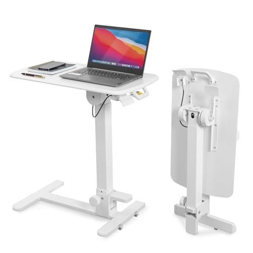 Mount-It! Foldable Overbed Table with Wheels – Height Adjustable Rolling Bedside Table, No Assembly Required, Ultra-Low Profile Base Fits Under Beds & Sofas, for Home and Hospital Use