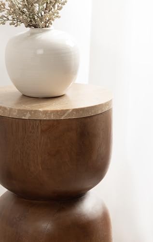 Kate and Laurel Teo Transitional Mango Wood Drink Table, 8 x 8 x 22, Walnut Brown and Natural Travertine, Sculptural Bedroom Nightstand with Unique Pedestal Table Design for Use as Indoor Plant Stand - color: Walnut Brown