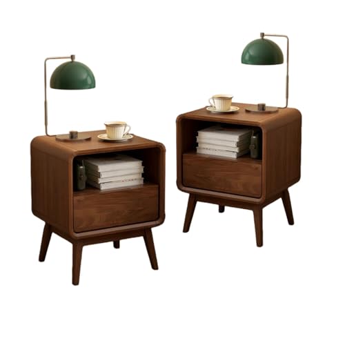 Walnut Night Stand Set of 2, Solid Wood Nightstand with Drawer, Walnut Bedside Table, Mid Century Modern Nightstand, Small Bed Side Table for Small Spaces Bedroom(Dark Black Walnut, 20.47" H) - color: Dark Walnut, style: Drawer & Open Storage-2