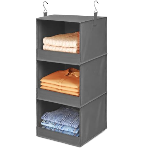 Lifewit 3 Tier Hanging Closet Storage Organizer for Shelves, Front Anti-Slip Clothes Storage Hanger with 2 Sturdy Hooks, Vertical Foldable Sweater Organization for Shlef, Wardrobe, Dorm, RV, Gray