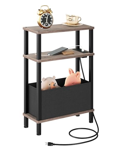CHOEZON Small Narrow Side Table with Charging Station, Skinny End Table with Fabric Basket, Slim Nightstand for Small Spaces, Sofa Side Table, for Living Room, Bedroom, Greige and Black TBZ07UFH - color: Greige + Black