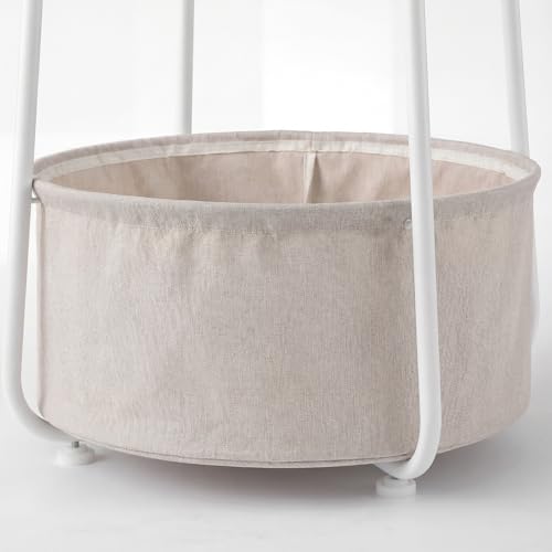 Round Side Table with Charging Station & USB Ports, Modern End Table Nightstand with Fabric Storage Basket, Matte White & Camel Brown Accent Table for Living Room, Bedroom (Burlywood) - color: Burlywood