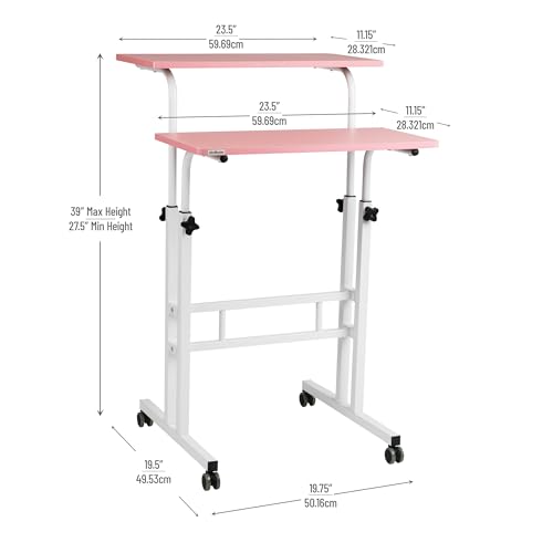 Mind Reader Standing Desk, Adjustable Height Laptop Workstation, Portable Rolling Desk on Wheels, Two-Tier Metal Frame, Pink - color: Pink