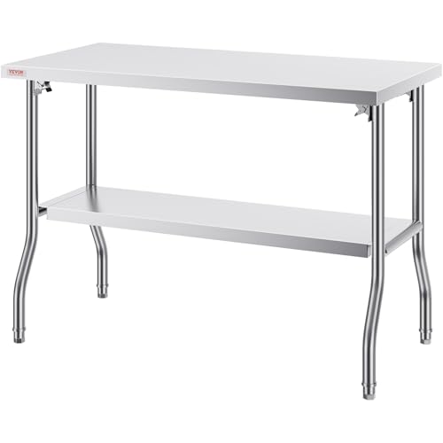 VEVOR Stainless Steel Foldable Work Table, 48 * 24 Inch Heavy Duty Food Outdoor Double Layer Stainless Steel Worktable for Commercial Kitchen Restaurant - size: Double layer 48 * 24, style: Foldable