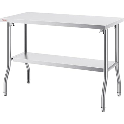 VEVOR Stainless Steel Foldable Work Table, 48 * 24 Inch Heavy Duty Food Outdoor Double Layer Stainless Steel Worktable for Commercial Kitchen Restaurant - size: Double layer 48 * 24, style: Foldable
