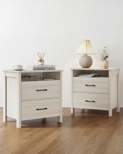 Farmhouse Nightstand Set of 2, Rustic Nightstand with 2 Drawers, Wood End Table with Open Shelf, Side Table for Bedroom, Light Gray - color: Light Gray, size: 2 Pieces