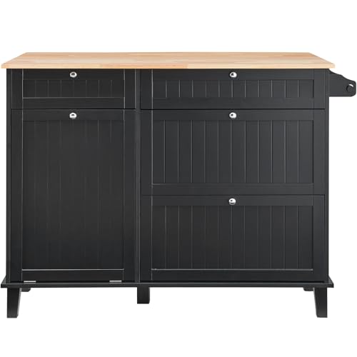 VEVOR Kitchen Island Cart, 50" Wood Top Breakfast Bar with Trash Cabinet Tilt Out 10 Gallon Storage, Farmhouse Dining Living Room Table with Drop Leaf, Towel Bar, Drawer, Black - size: 50"W (dropleaf)