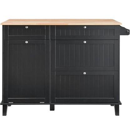 VEVOR Kitchen Island Cart, 50" Wood Top Breakfast Bar with Trash Cabinet Tilt Out 10 Gallon Storage, Farmhouse Dining Living Room Table with Drop Leaf, Towel Bar, Drawer, Black - size: 50"W (dropleaf)