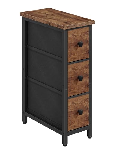 CHOEZON Narrow Side Table with 3 Fabric Drawers, Industrial Slim Bedside Table for Small Spaces, Bedroom, Living Room, Dormitory, Rustic Brown and Black TBZ09BF - color: Rustic Brown + Black