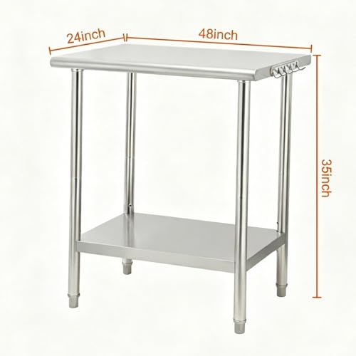 Garvee Stainless Steel Curved Edge Work Table 48 inch Double Layer, Heavy Duty Commercial Prep Table with Hook, 0.7mm Thick - size: 48*24*35inch