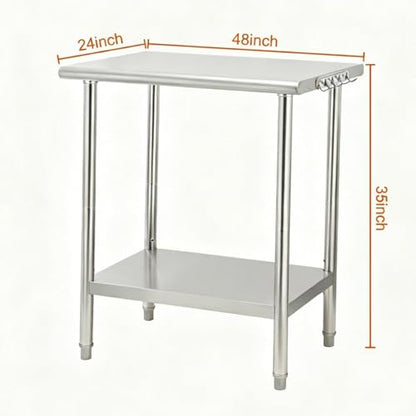 Garvee Stainless Steel Curved Edge Work Table 48 inch Double Layer, Heavy Duty Commercial Prep Table with Hook, 0.7mm Thick - size: 48*24*35inch