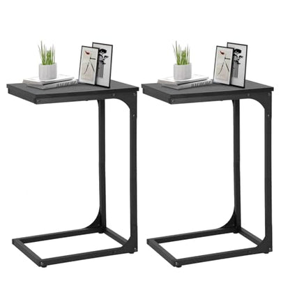 FDW C-Shaped End Table Wooden Top Side Table Adjustable Feet Small Cough Table Bedside End Table with Metal Frame for Bedroom Living Room,Set of 2,Black - color: Black