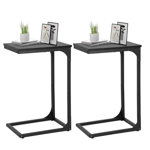 FDW C-Shaped End Table Wooden Top Side Table Adjustable Feet Small Cough Table Bedside End Table with Metal Frame for Bedroom Living Room,Set of 2,Black - color: Black