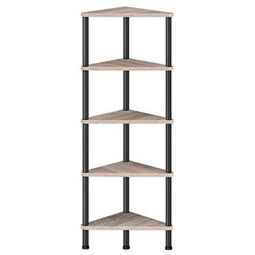 HOOBRO Corner Shelf Stand, Industrial 5-Tier Corner Bookshelf with Metal Frame, Corner Shelf Stand Display Plant Flower, Corner Bookcase for Small Spaces, Living Room, Greige and Black BG33CJ01 - color: Greige + Black, size: 11.8"L x 11.8"W x 45.3"H