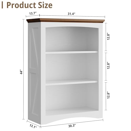 IRONCK 43" Tall 3-Tier Bookshelf, Farmhouse Bookcase White | White finish, anti-tip design, wood thick shelf, 30" wide floor-standing unit for home office, living room, bedroom