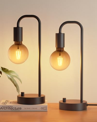 ONEWISH Industrial Table Lamp Set of 2, Fully Dimmable Beside Lamp with Gradient Black Art LED Bulb, Modern Nightstand Desk Lamps for Bedroom, Living Room, Office, Reading(Bulb Included) - color: Black 2 packs, size: Non-USB