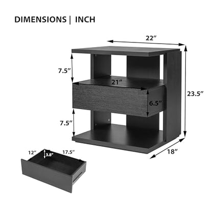 Christopher Knight Home 22" Mid Century Modern Nightstand Set of 2, Wooden Bedside Table with Drawer & 3 Tier Open Shelves, Small Side End Table Night Stand for Bedroom Living Room Small Space, Black - color: Black, size: 2pcs