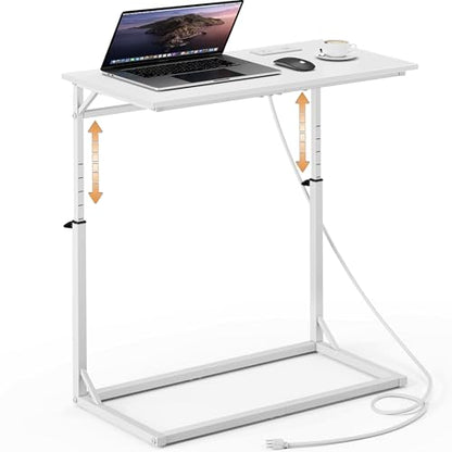 Vagusicc C Shaped End Table with Charging Station, C-Table End Table Adjustable Height Side Table for Couch, Large Couch Table, Slide Under Sofa Table TV Tray Arm Table for Living Room, Bedroom, White - color: White, style: With Plug