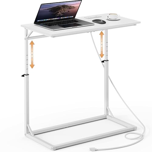 Vagusicc C Shaped End Table with Charging Station, C-Table End Table Adjustable Height Side Table for Couch, Large Couch Table, Slide Under Sofa Table TV Tray Arm Table for Living Room, Bedroom, White - color: White, style: With Plug