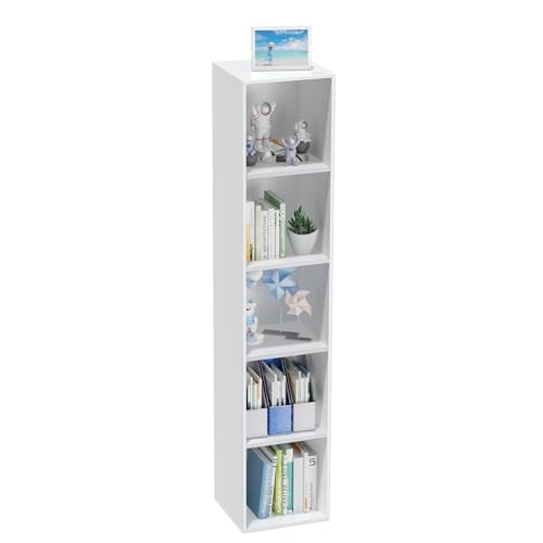 5 Tier Bookshelf, Open Tall Narrow Floor Standing Bookcase, Wooden Book Shelf Display Organizer for Home Office, Study (White, 5 Cube) - color: White, size: 5-Cube